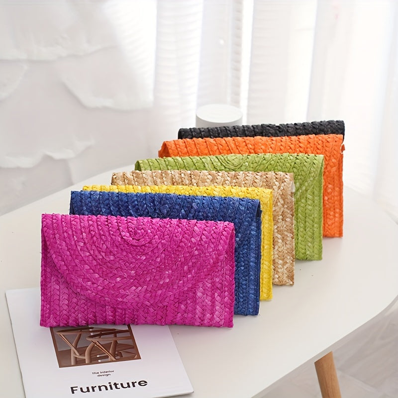 Classic Solid Color Woven Straw Clutch Purse For Women, Envelope Style Flap Coin Purse For Women