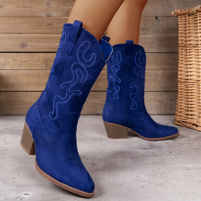 Womens Chic Embroidered Western Boots - Trendy Chunky Heel Mid-Calf Style, Pointed Toe Comfort for Vacation Wear