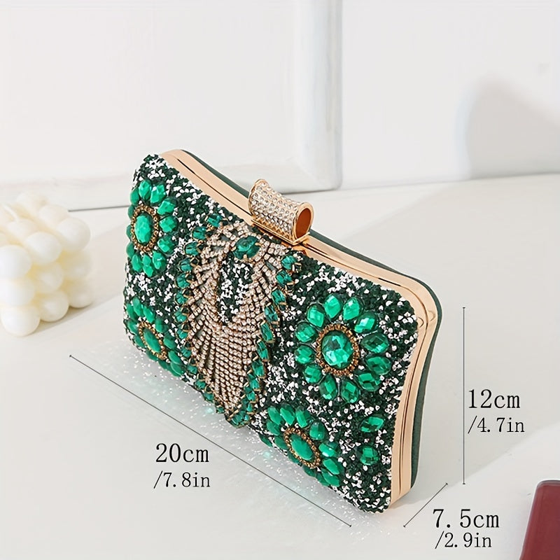 Vintage Ladies Evening Clutch With Rhinestones, PU Cocktail Handbag For Party Prom, Optional Chain Shoulder Strap