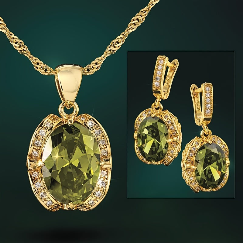 3pcs Glamorous 18K Gold-Plated Jewelry Set - Geometric Cubic Zirconia Necklace and Earrings in Olive Green for Weddings, Valentines Gifts & More