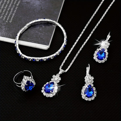 Dazzling Blue Teardrop Jewelry Set for Women - Timeless Elegance in Stainless Steel, 4-Piece Luxurious Style Ensemble, Including Necklace, Bracelet, Ring, and Stud Earrings