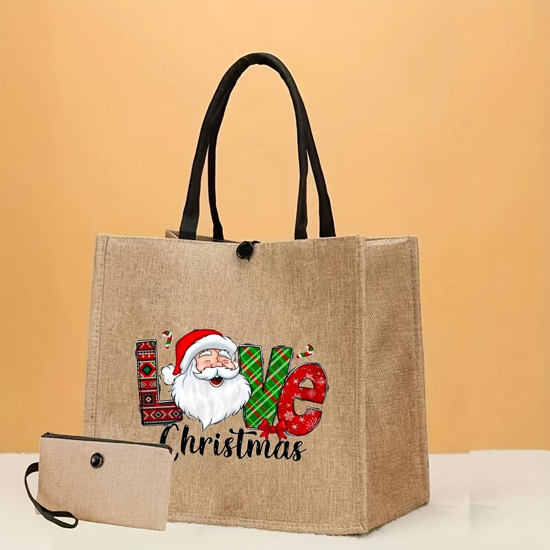 Merry Christmas Gift Bag Set, Fashion Cartoon Print Tote Bag, Large Capacity Shopping Bag With Coin Purse