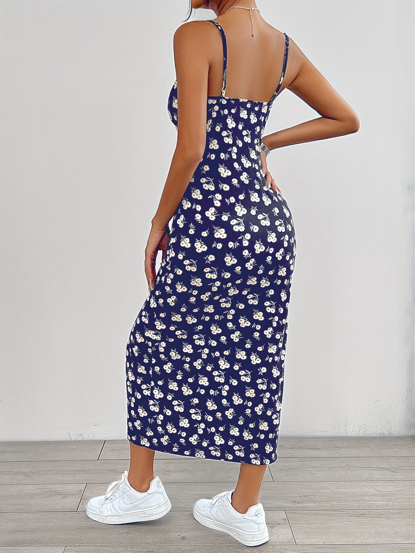 Flirty Floral Print Cami Dress with Flowy Split Hem - Chic Sleeveless Spaghetti Strap Design for Spring & Summer - A Fashionable Must-Have for Womens Wardrobe