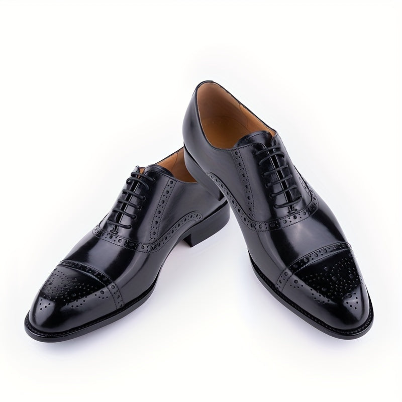 Premium Leather Men's Cap-Toe Oxfords - Brogue Detailing, Durable Lace-up Design - Ideal for Business & Daily Office Wear