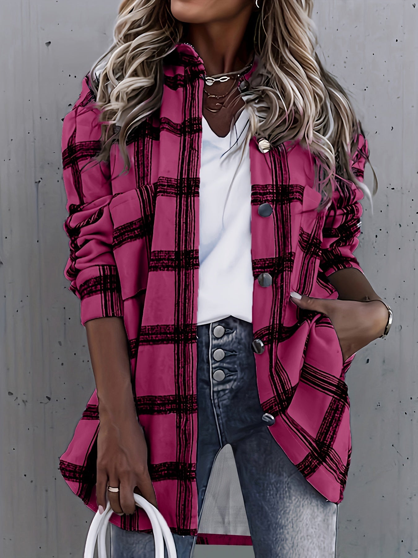 Plaid Shacket Jacket - Relaxed Fit Casual Outerwear with Classic Button Front Closure, Long Sleeves for Added Warmth, Versatile for Daily Wear - Designed Exclusively for Womens Clothing