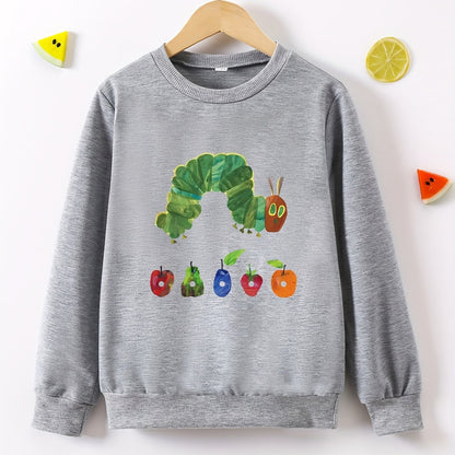 Cute Cartoon Caterpillar Kid's Round Neck Sweatshirt - Fashionable Cozy Long Sleeve Top for Boys - Soft, Comfortable, Trendy, and Warm for Spring, Fall, and Winter Seasons