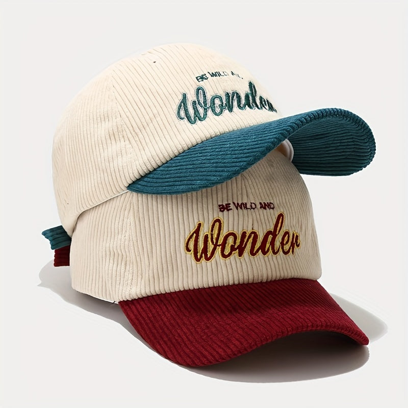 1pc Elegant Unisex Two-Tone Corduroy Baseball Cap with WONDER Embroidery - Stylish Sunshade, Ideal Gift for Outdoor Sports Enthusiasts, Perfect for Casual Wear