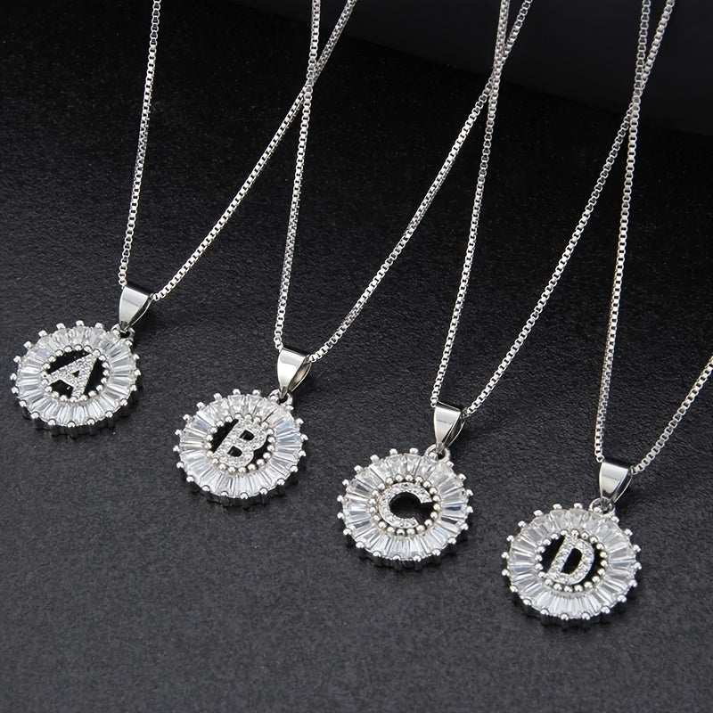 Silver Color Round Small 26 Letters Pendant Necklace Inlaid Zircon Women's Elegant Jewelry Gift