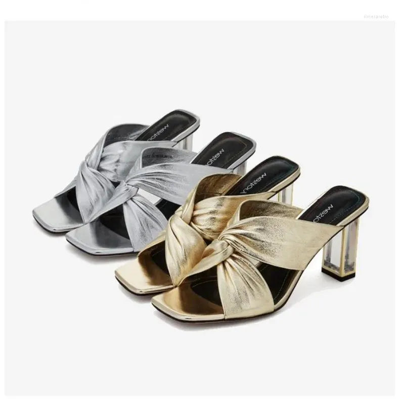 Slippers  Summer Square Toe Women Fashion Thin High Heel Ladies Mules Elegant Female Outside Slides Sandal Shoes