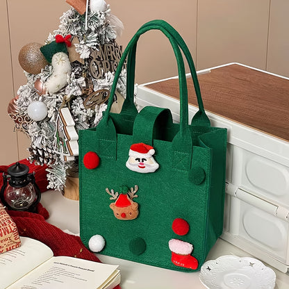 Christmas Felt Tote Handbag with Santa & Reindeer Applique - Minimalist Non-Woven Bag with Fixed Shoulder Straps and Buckle Closure - Baigou Unlined Festive Gift Carry Bag