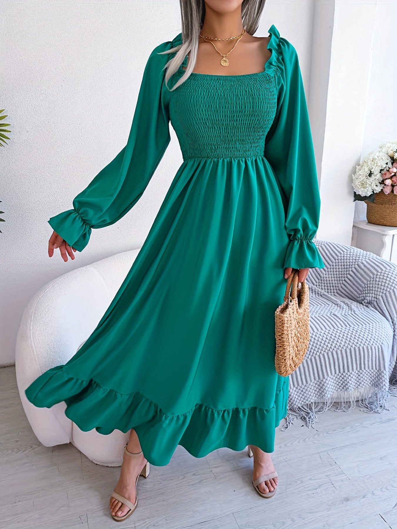 Bold Solid Squared Neck Lantern Sleeve Maxi Dress - Fashionable High Waist, Backless & Ruffled Hem - Alluring Casual Style for Women - Long, Flowing & Versatile