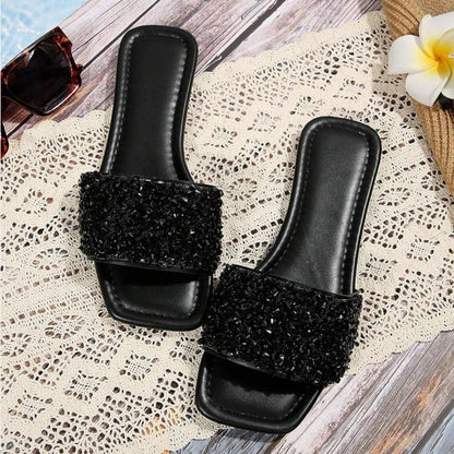 Stylish Rhinestone Slides - Sparkling Square Open-Toe, Flat Bottom, Comfortable, Breathable, Summer Beach Sandals for Women