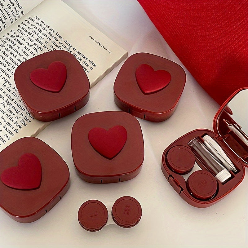 Burgundy Heart-Shaped Deluxe Contact Lens Case - Travel Accessories for Myopia Management - Portable, Durable, and Stylish Companion with Mirror and Accessories for Easy Lens Care on-the-go