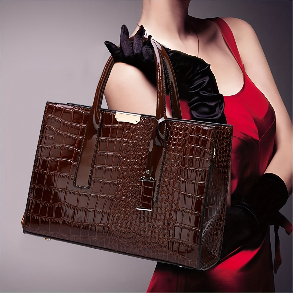 Luxurious Crocodile Embossed Tote Bag for Women - Chic Double Handle Design, Spacious Shoulder Purse for Everyday Elegance & Professional Use