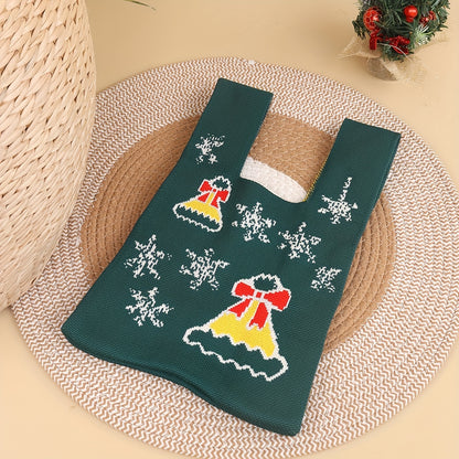 1pc Festive Christmas Cartoon Knit Tote Bag for Women, Foldable Fabric Handbag with No-Closure, Casual Fashion Style, Red/White/Olive Green