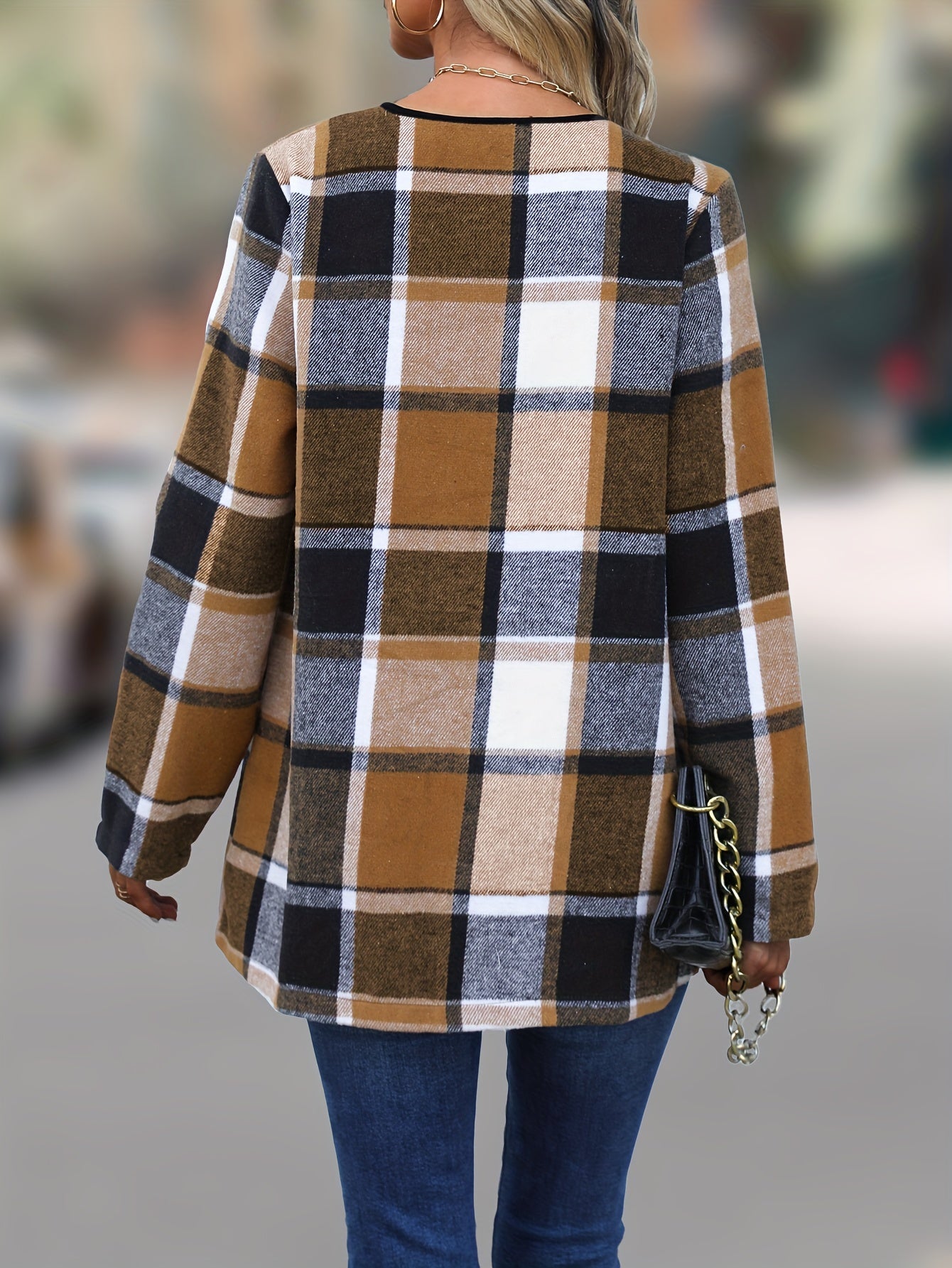 Plaid Print Open Front Coat, Elegant Long Sleeve Outwear For Spring & Fall, Women's Clothing