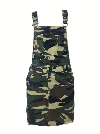 Camo Print Patch Pocket Denim Overall Dress, Adjustable Strap Raw Hem Casual Denim Dress, Women's Denim Jeans & Clothing