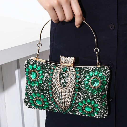 Vintage Ladies Evening Clutch With Rhinestones, PU Cocktail Handbag For Party Prom, Optional Chain Shoulder Strap