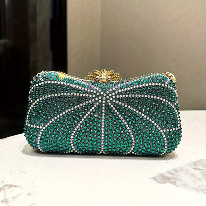 Luxurious Green Clutch Purse, Elegant Evening Bag With Golden Color Chain, Synthetic Material Handbag For Parties And Weddings