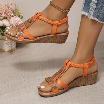 Womens Flat Heel Rhinestone Decorated Strappy Sandals - Soft PU Faux Leather Upper, Elastic Ankle Strap, Comfortable Rubber Sole, Perfect for Summer Vacation, Beach, Koningsdag/Kings Day Celebration