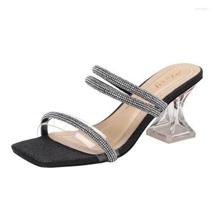 Slippers  Women High Heels Female Fashion Pumps Square Toe Transparent Casual Slides Ladies Flip Flops Shoes