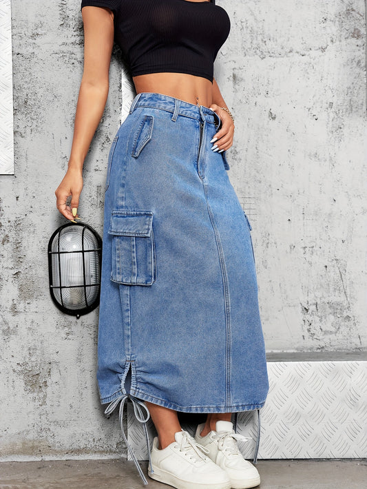 Womens Classic Maxi Denim Skirt - Soft Light Washed Blue with Adjustable Side Drawstring, Stylish Multi-Pocket Cargo Design, and Durable Denim Material for Comfortable Everyday Wear