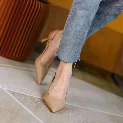 Dress Shoes  Summer Fashion Ladies Pointed Toe Sandals Retro Apricot Baotou Stiletto Buckle Strap High Heels