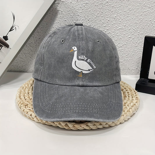 1pc Unisex Sunshade Washed Denim Baseball Cap With Silly Goose Pattern Printed For Outdoor Sport