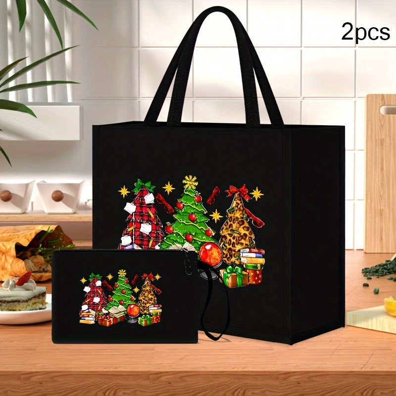 2PCS Light Linen Christmas Special Model No. 887 Printing Handbag Suit: Portable Travel Beach Bag with Cosmetic Bag