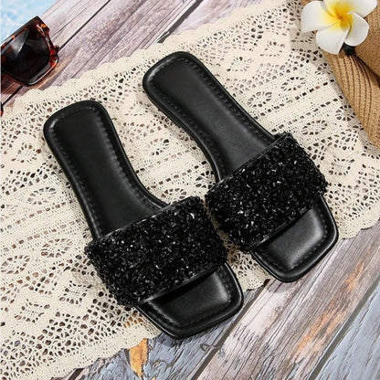 Stylish Rhinestone Slides - Sparkling Square Open-Toe, Flat Bottom, Comfortable, Breathable, Summer Beach Sandals for Women