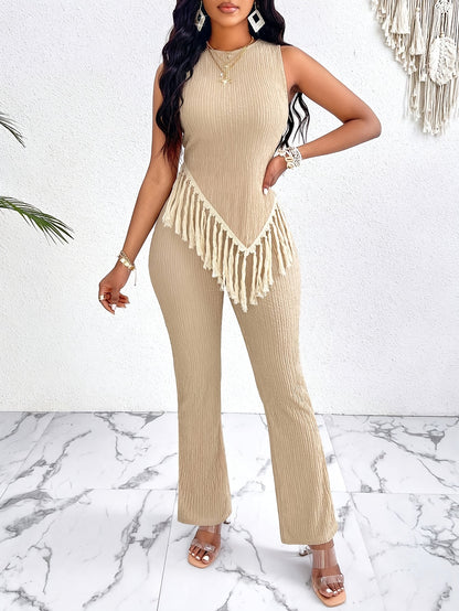 Chic Textured Pantsuit Ensemble - Tassel-Trimmed Asymmetrical Tank Top & Straight Leg Pants - Fashion-Forward Womens Clothing Set