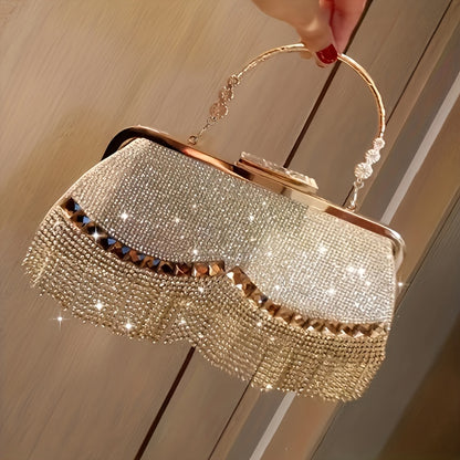 All Over Glitter Rhinestone Decor Handbag, Tassel Decor Satchel Bag, Women's Elegant Evening Bag For Party For Carnaval Use And Music Festival