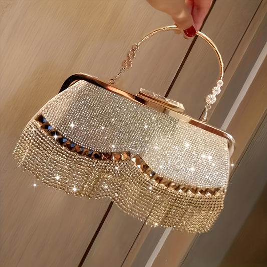 All Over Glitter Rhinestone Decor Handbag, Tassel Decor Satchel Bag, Women's Elegant Evening Bag For Party For Carnaval Use And Music Festival