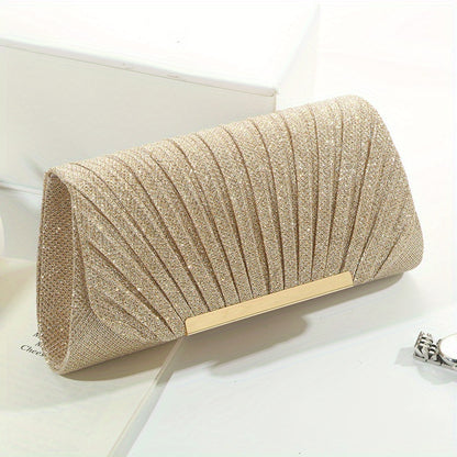 Ruched Evening Bag, Metal Decor Clutch Prom Purse, Women's Chain Handbag For Wedding Party