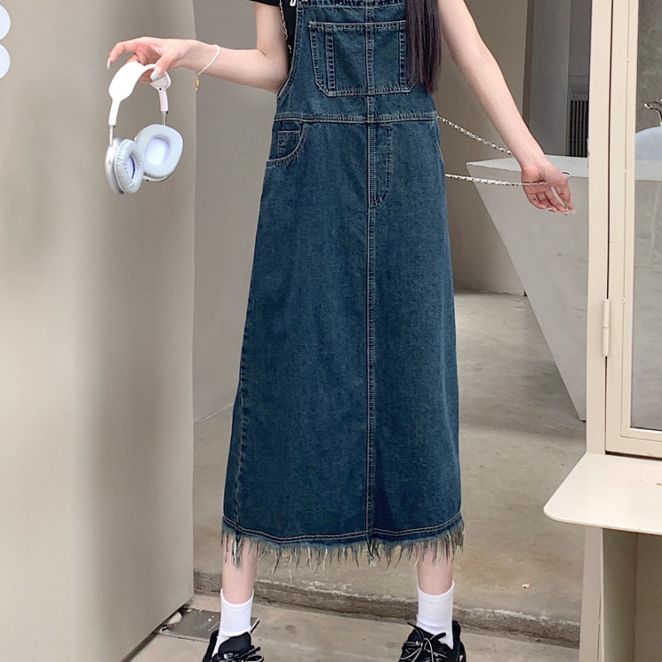 Raw Trim Washed Denim Overall Dress, Non-Stretch Casual Denim Dress, Women's Denim Clothing