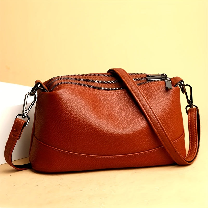 Trendy Soft Genuine Leather Crossbody Bag - Solid Color with Multi-Pocket Design - Stylish Shoulder Purse for Women