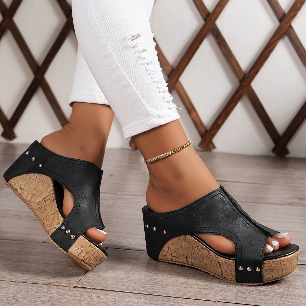 Womens Solid Hue Platform Sandals - Effortless Slip-On, Soft Sole Comfort, Glamorous Studded Decor, Breathable Side Cut Outs, Height-Boosting Wedge - Perfect for Summer