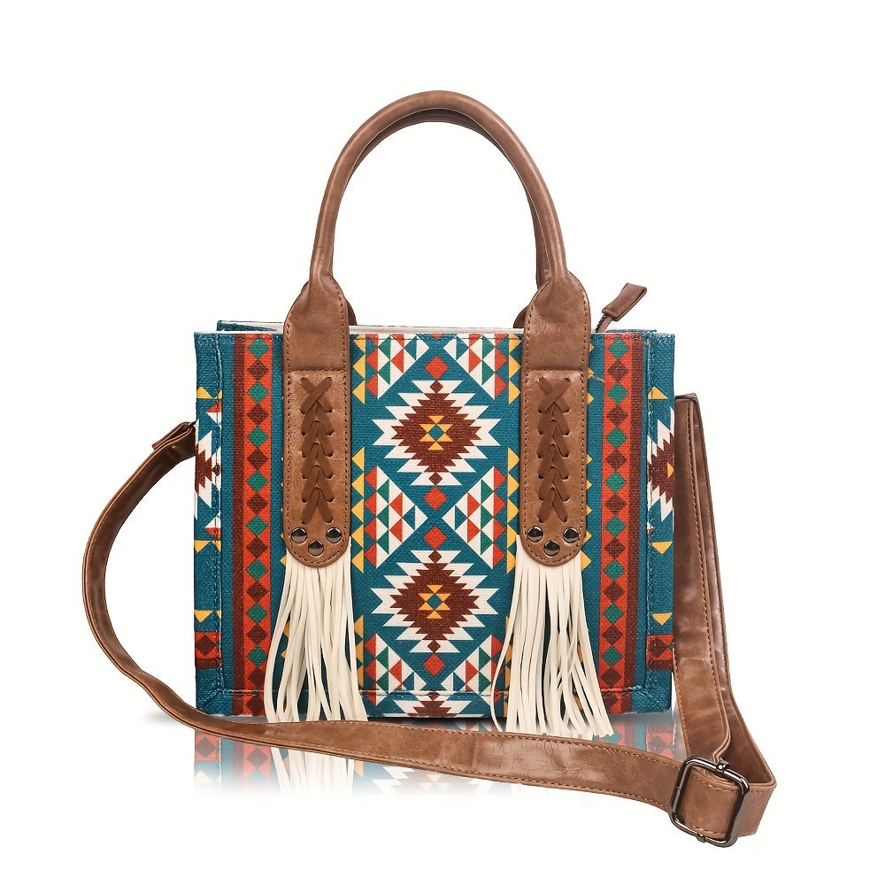 Bohemian Retro Print Tassel Tote Bag, Vintage Canvas Shoulder & Crossbody Handbag with PU Leather Straps for Women