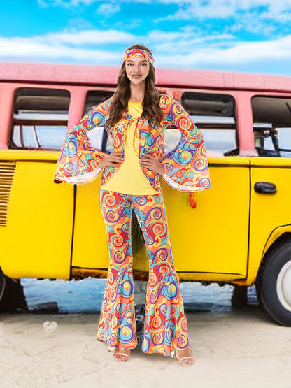 Vibrant Abstract Print Hippie Chic Two-Piece Set - Tie Front Flared Sleeve Tops with Relaxed Fit & Flared Leg Long Length Pants Outfits - Unique Bohemian Women's Clothing for Summer, Casual, and Festival Occasions