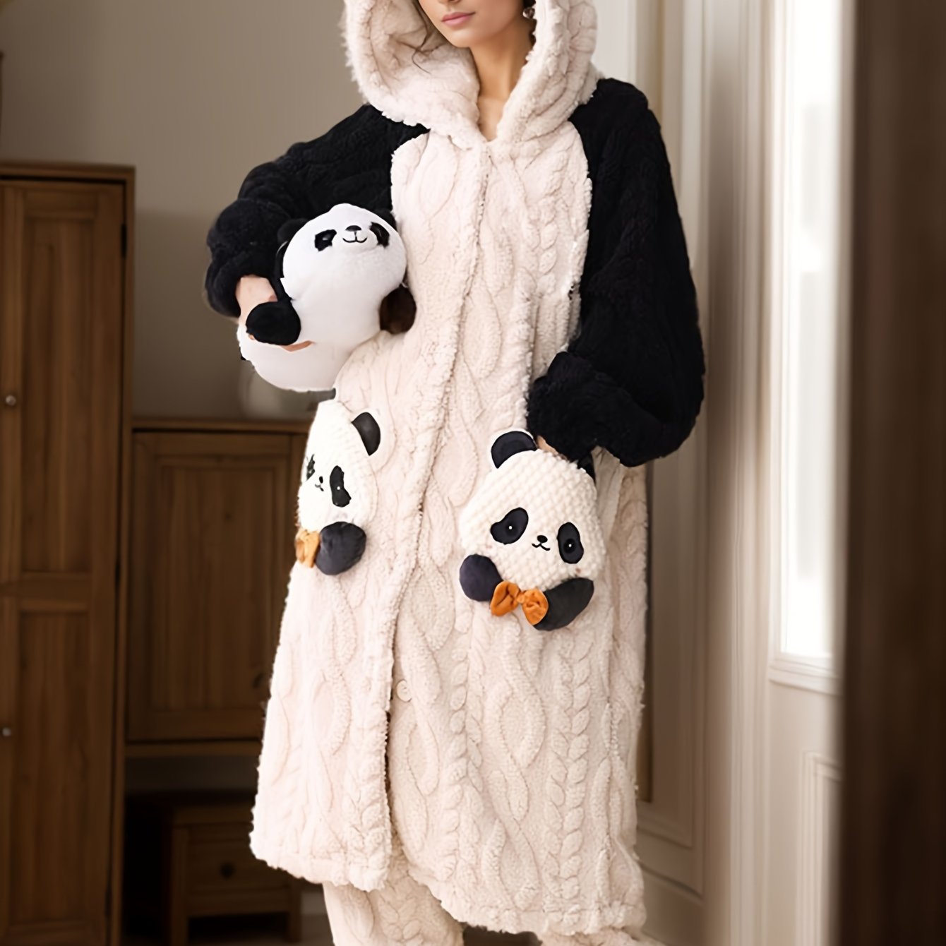 Cute Cartoon Panda Fleece Thickened Jacquard Night Robe For Fall & Winter, Raglan Sleeve Hooded Loose Fit Robe With Pockets, Women's Sleepwear & Dresses