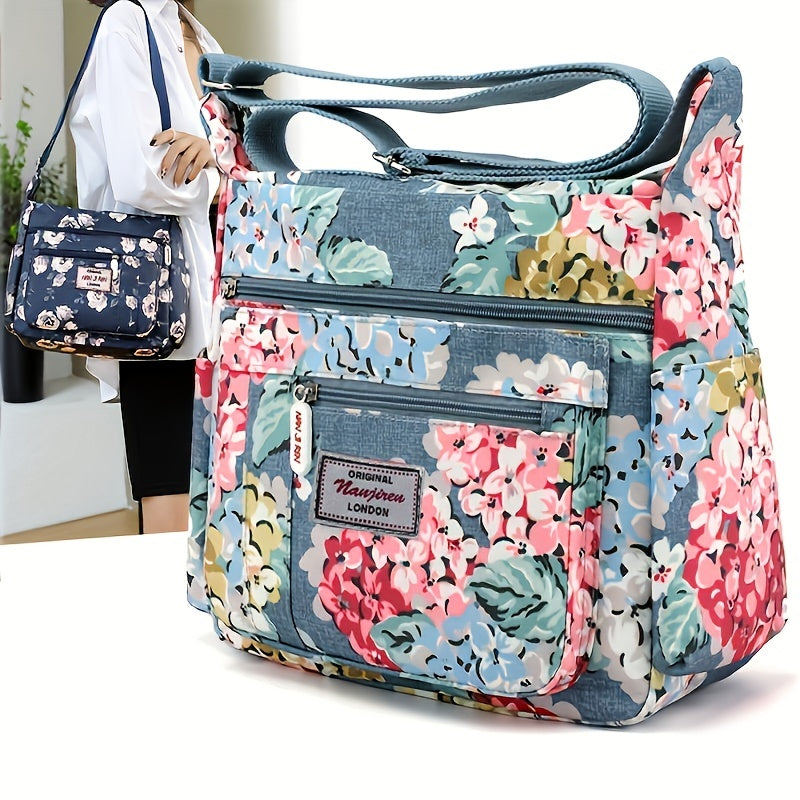 Floral Pattern Crossbody Bag - Water-Resistant Nylon Shoulder Bag with Multiple Pockets, Polyester Lining, and Zipper Closure - Perfect Mothers Day Gift for Mom or Any Occasion