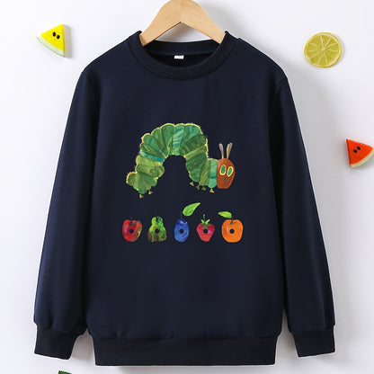 Cute Cartoon Caterpillar Kid's Round Neck Sweatshirt - Fashionable Cozy Long Sleeve Top for Boys - Soft, Comfortable, Trendy, and Warm for Spring, Fall, and Winter Seasons