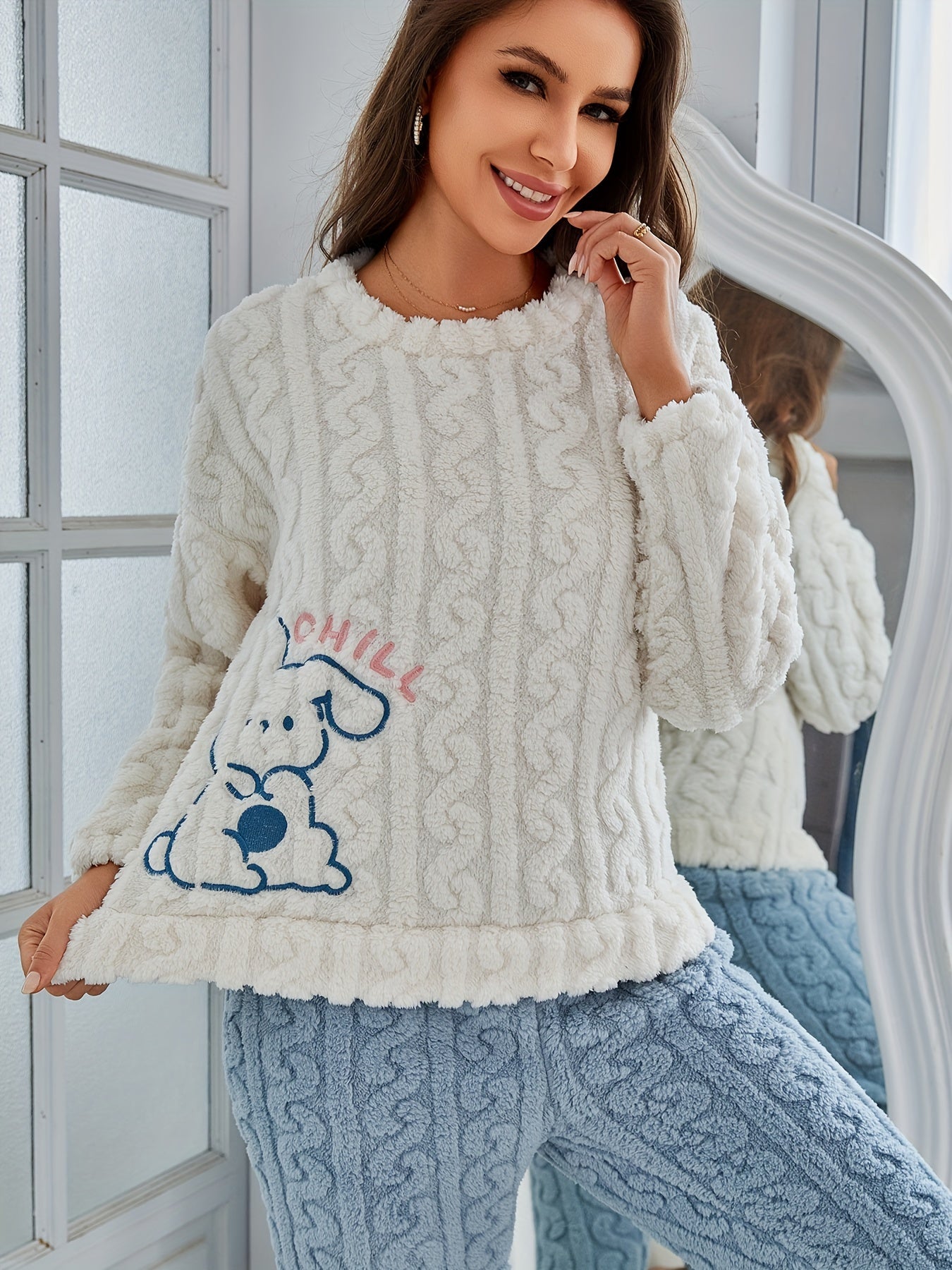 Women's Winter Cute Rabbit Embroidered Pajama Set - Cozy Fleece Lined Long Sleeve Crew Neck Top and Pants Lounge Wear, 100% Polyester Knit Fabric, Animal Pattern Two-Piece Sleepwear