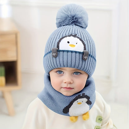 Penguin-Themed Hat & Scarf Combo For Young Ones - Thick, Warm Winter Gear, Ideal For Christmas And Halloween, Suitable For 3 To 14 Years