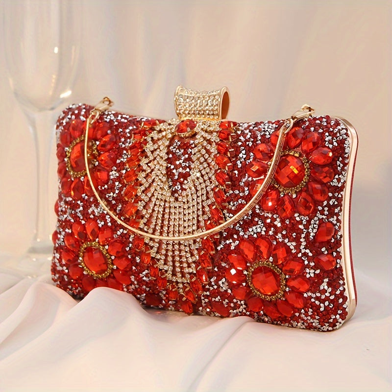 Vintage Ladies Evening Clutch With Rhinestones, PU Cocktail Handbag For Party Prom, Optional Chain Shoulder Strap