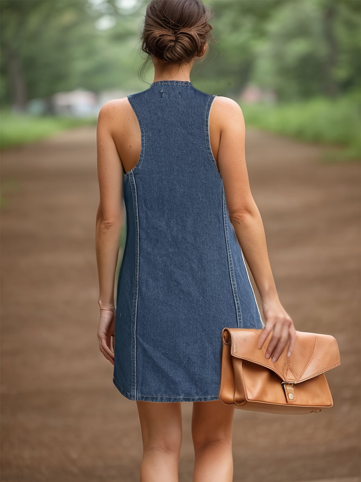 Women's Elegant Denim Button-Front Sleeveless Dress, Plain Washed Blue Elegant Denim Dress