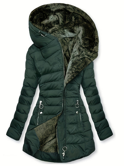 Cozy Fleece Lined Hooded Jacket - Cotton-padded Jacket Coat for Winter, Long Sleeve, Zip-up, Fluffy, Warm, Casual Outerwear for Women - Perfect for Cold Weather