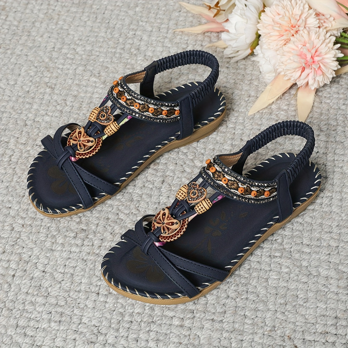 Women's Elegant Rhinestone Butterfly Flat Sandals - Comfortable Slip-On with Secure Elastic Strap for Summer