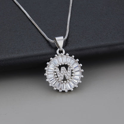 Silver Color Round Small 26 Letters Pendant Necklace Inlaid Zircon Women's Elegant Jewelry Gift