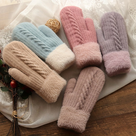 Women Fashion Knit Twist Flowers Mittens, Winter Plus Velvet Thickening Warm Full Finger Gloves